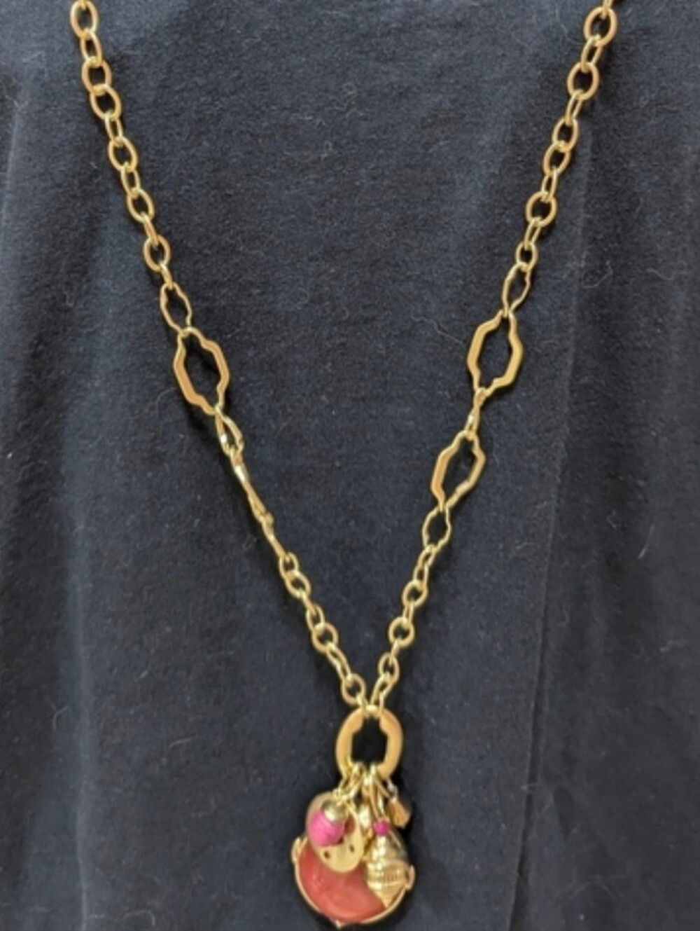 Chicos Bohemian Preppy Chunky Pink Cabochon Charm Statement Necklace - Gold Tone